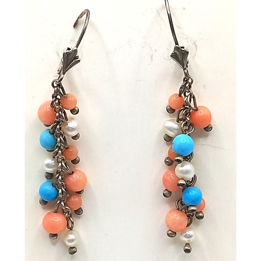 Lucas Lameth Sterling Earrings Coral, Pearls Signed LUC 925